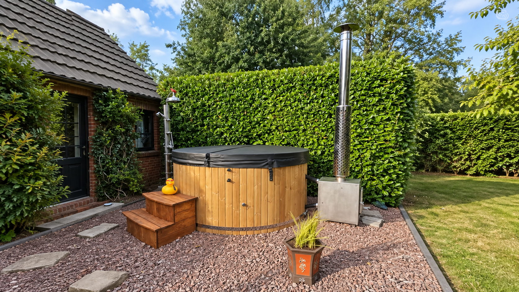 Houten Hot tub met externe kachel in een tuin